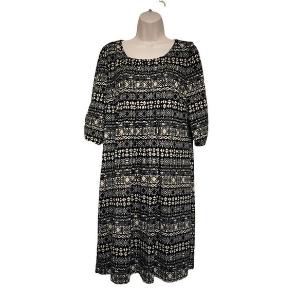 Perceptions New York black tan dress tucks Tribal pattern 3/4 sleeve Misses L - Picture 1 of 9
